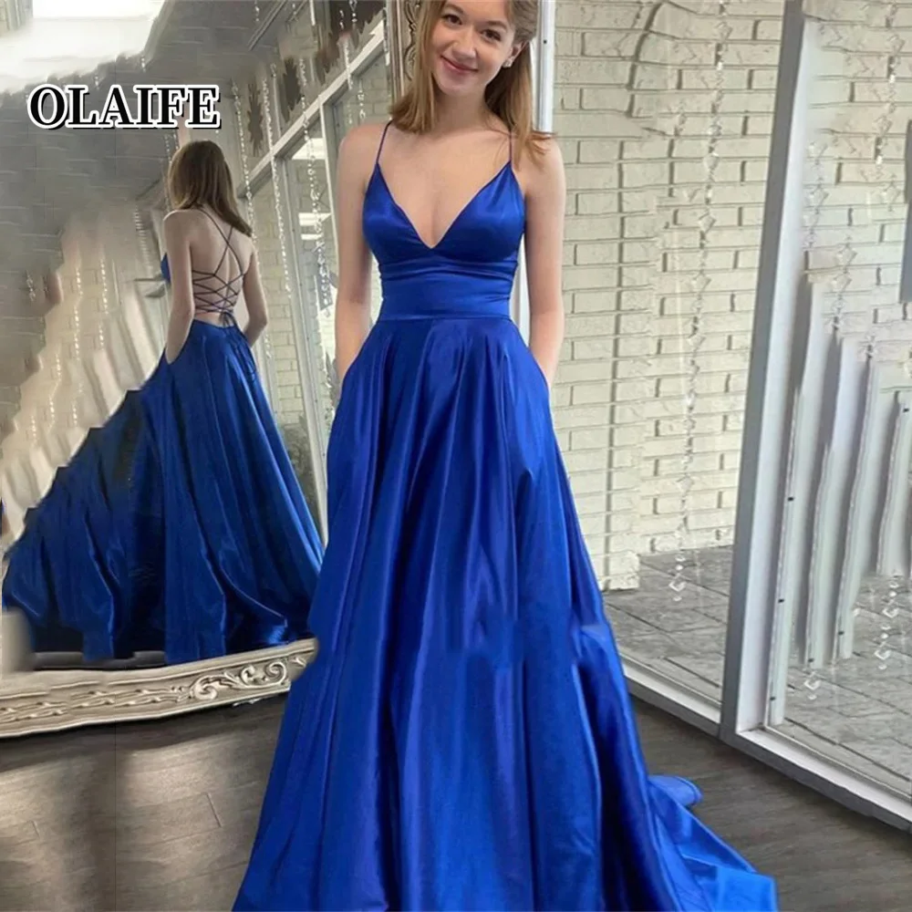 V Neck Royal Blue Prom Dress A Line Long Evening Dress Stain Party Dresses Elegant Dance Dresses Robe De Soiree Sexy Prom Gown