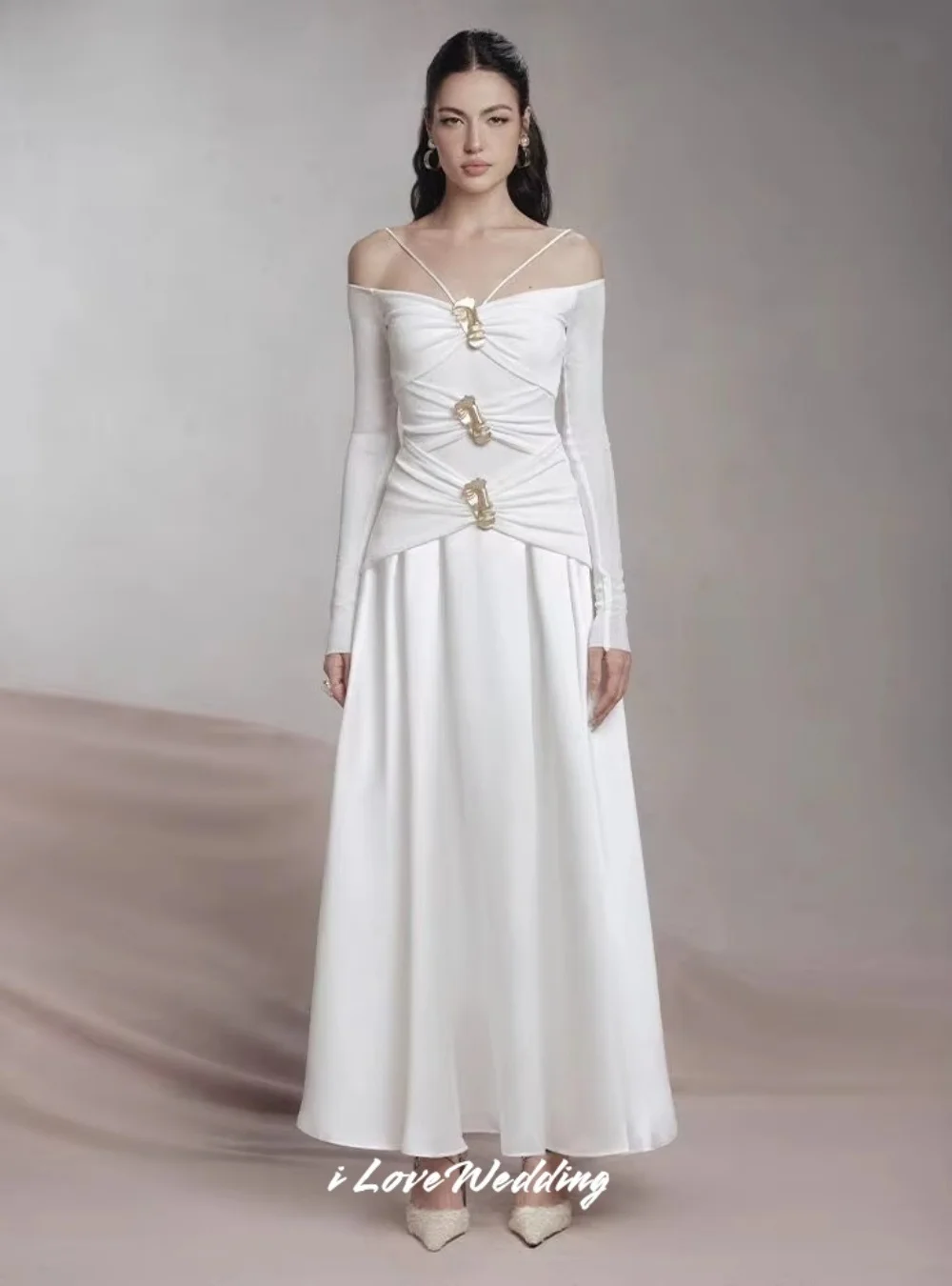 

White Strapless Prom Dresses 2025 Long Sleeve Off Shoulder A-Line Pleated Ankle-Length Wedding Evening Party Dresses Customized