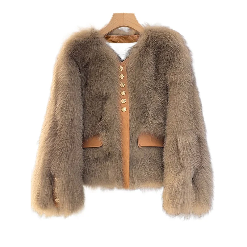 Women's Faux Fox Fur Coat V Neck Button Down Short Fur Jacket with PU Leather Pockets Elegant Winter Outerwear