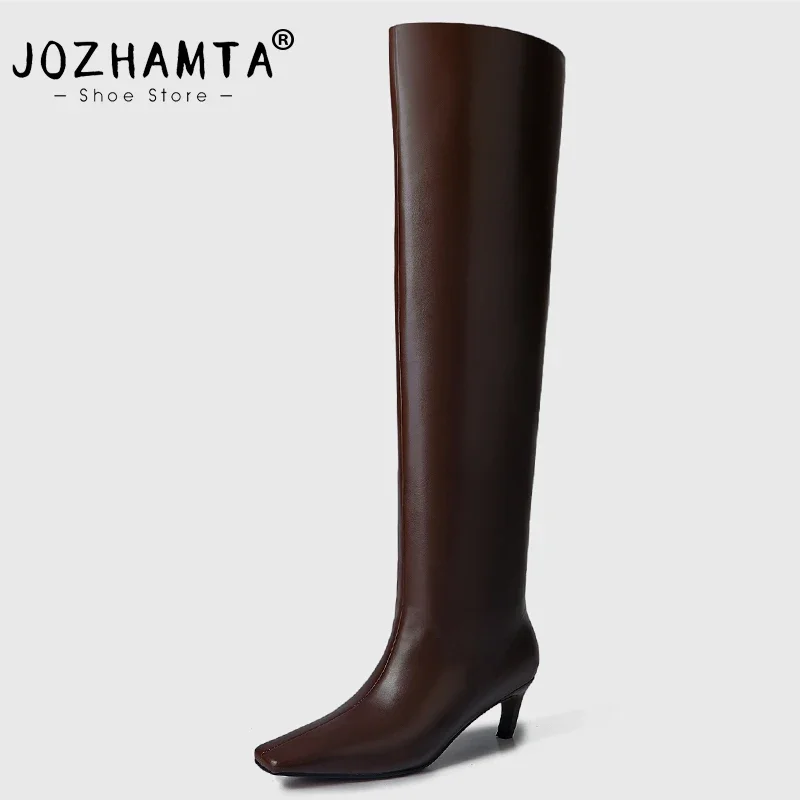 

JOZHAMTA Size 34-40 Knee Boots For Women Ruched Real Leather Kitten High Heels Shoes Winter 2024 Wide Calf Vintage Long Boots