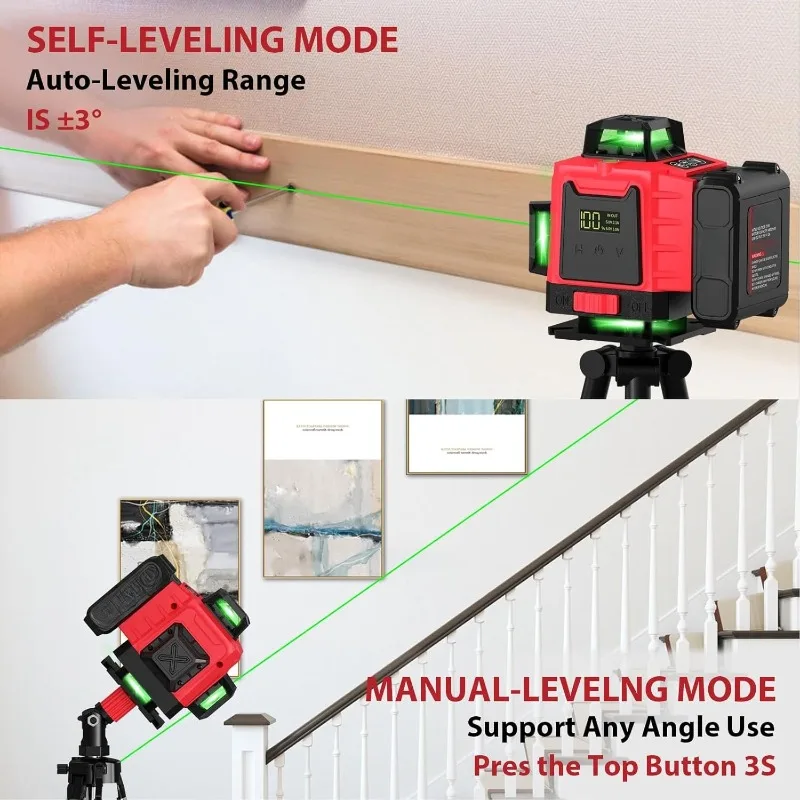 مستوى الليزر 360 التسوية الذاتية 16 خطًا 4 × 360 °   ليزر خط متقاطع أخضر لتعليق الصور والبناء، 4D عموديًا وأفقيًا