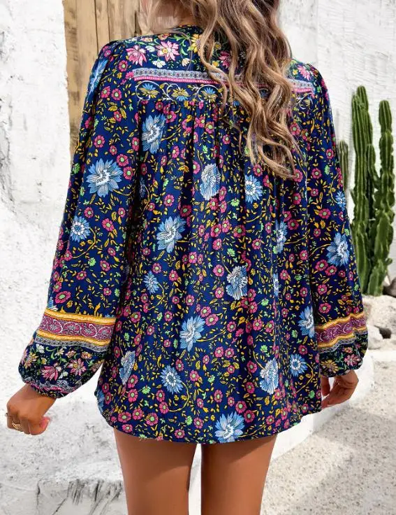 

Autumn/winter Women's Boho Style V - Neck Long Sleeved Blouse, Colorful Floral Print Design with Tassel Accents and Puff Sleeves