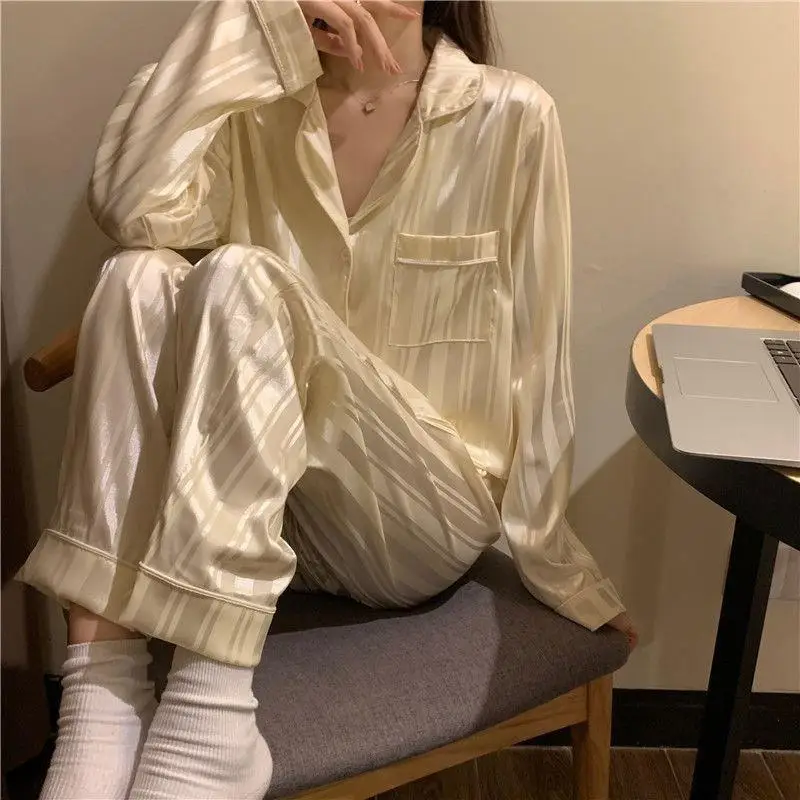 Pajamas Female Summer Ice Silk Girls Homewear Long-Sleeved Trousers Simulation Silk Black Striped Plus Size Suit