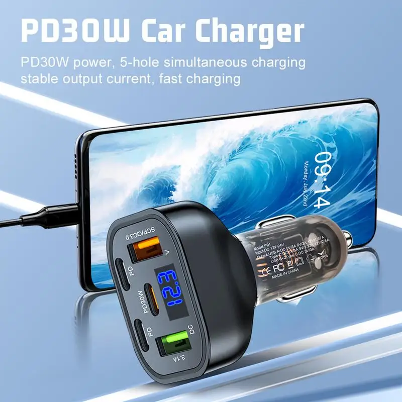 Fast Charging Charger 5-Ports Auto Charger Adapter 150W 5 In 1 Car Charger With Digital Display Car Electrical Appliances