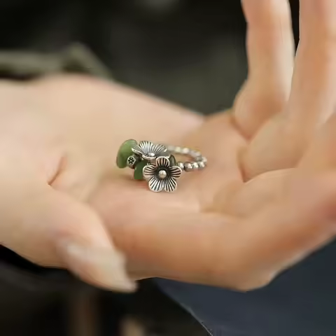 Natural Hotan Jade Flower Ring silver 925 New in Vintage Fresh Elastic Rope Round Beads rings for women Party Jewelry Gifts