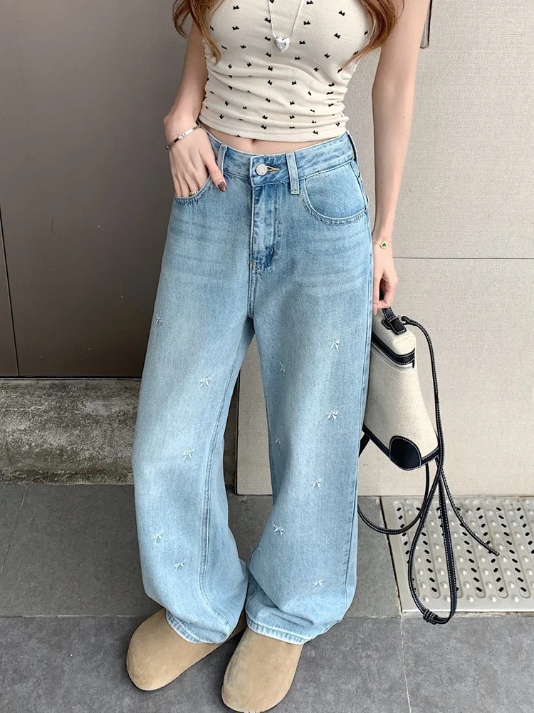 

Spring 2026 High Waist Wide Leg Denim Pants Women's Fashion Design Embroidered Knot Casual Wear Resistant Blue