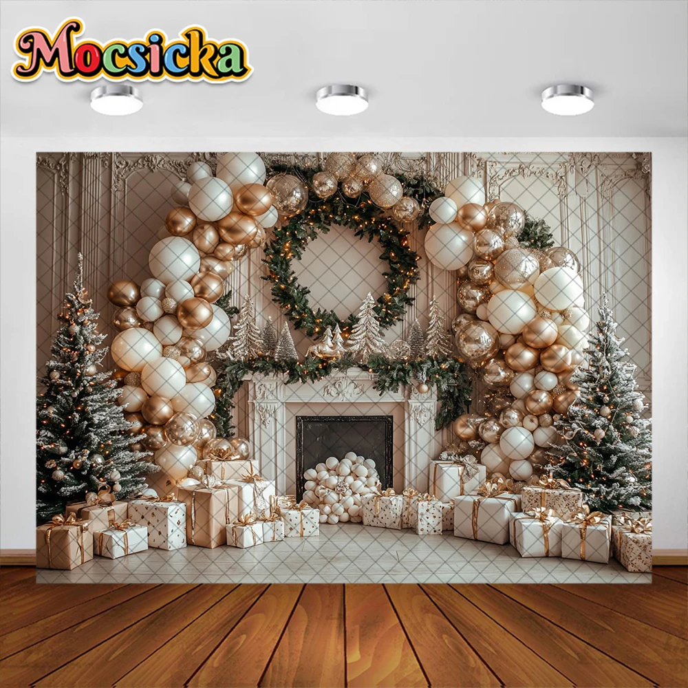 Christmas Photography Background Xmas Tree Fireplace Garland Gift Decoration Kids Holiday Portrait Photo Backdrops Studio Props