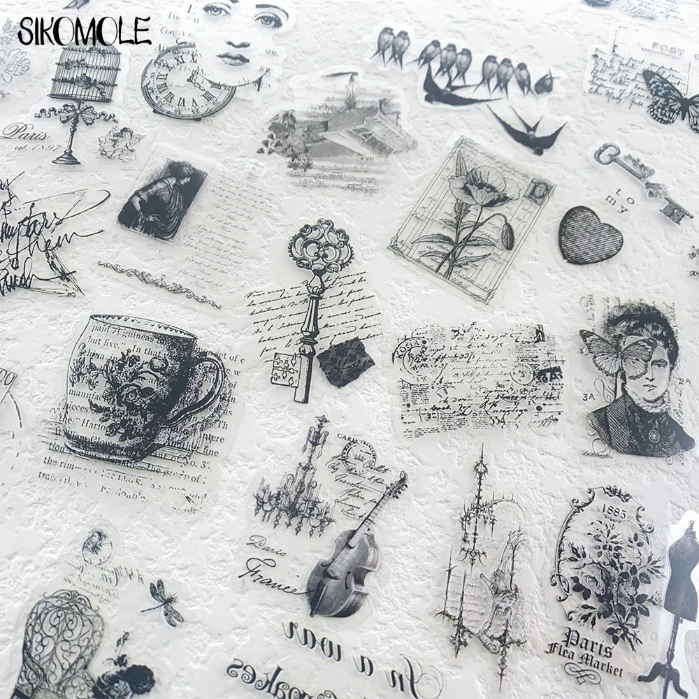 58 個ヴィンテージスタンプクリップアートステッカー PET 透明デカールおもちゃ文具ギター電話自転車ラップトップ荷物落書きステッカー