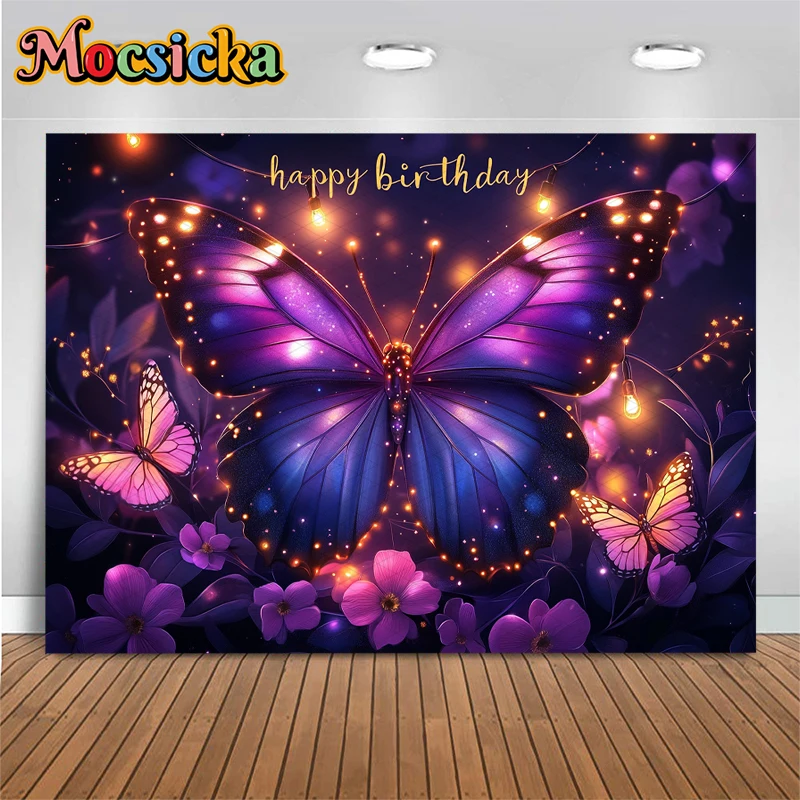 Mocsicka Magical Sparkle Dark Floral Butterfly Birthday Photo Background Purple Fairy Light Dreamy Aesthetic Girl Party Backdrop