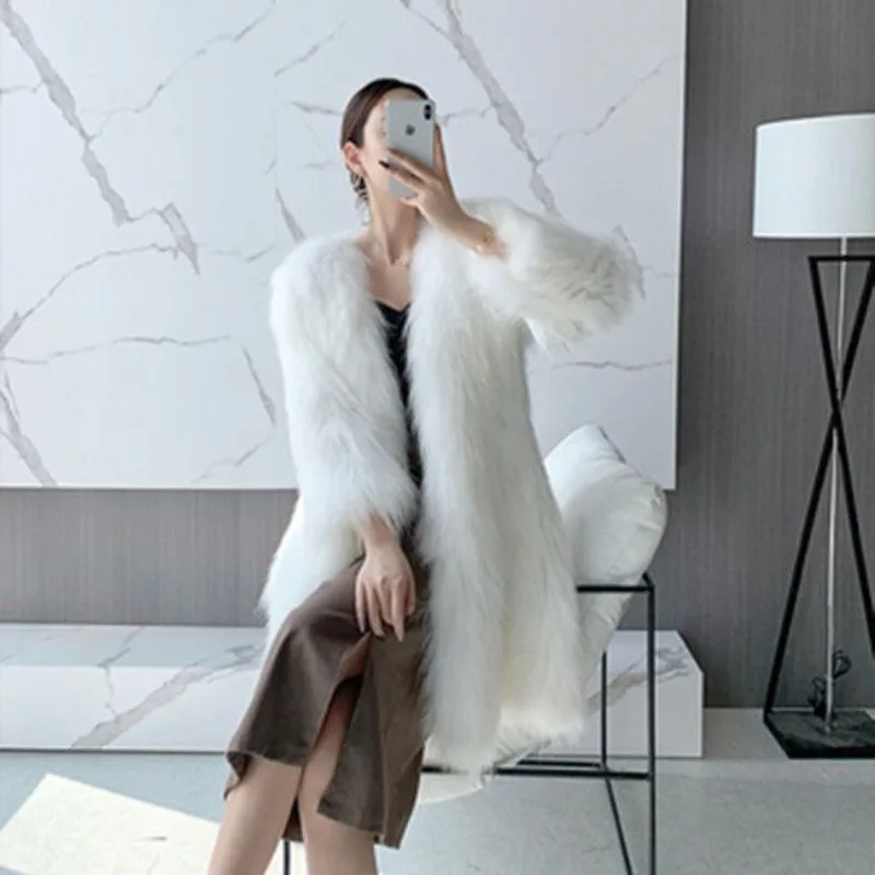 2023 New Women Faux Fur Coat Large Size Long Imitation Fox Fur Outwear Winter Female Warm Casual Outcoat Solid Color Elegant Top