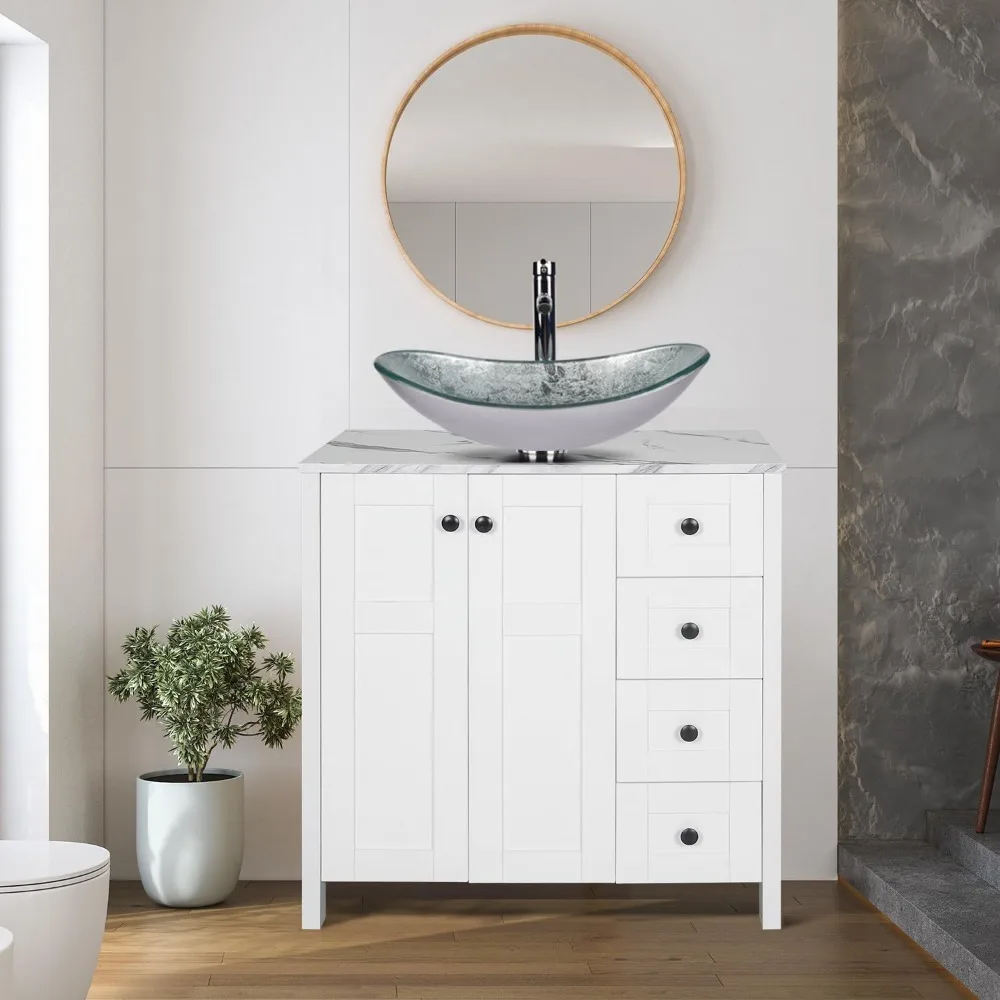 Tocador de baño blanco de 32" con tapa con textura de mármol y 4 cajones, mueble de pedestal de pie moderno con recipiente de cristal plateado para barco