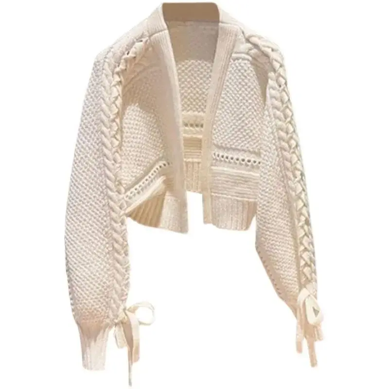 2023 Autumn/Winter Cardigan Coat Knitted Small Shawl Ladies New Short Neckline Twisted Flower Solid V-neck Sweater