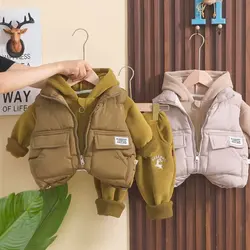 Children's Clothing for Boy Winter Kid's Girl Coat  Vest Warm Pants Three-piece Set Plus Velvet Thickening Fleece 1-5Y