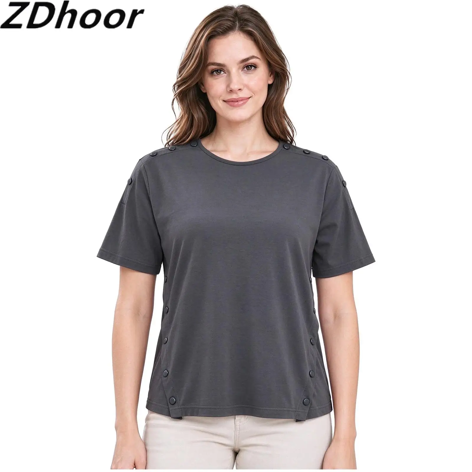 Women Adaptive Shirt Round Neck Short Sleeve Press Buttons Shoulders Sides Top for Nursing Home Post-operative Recovery