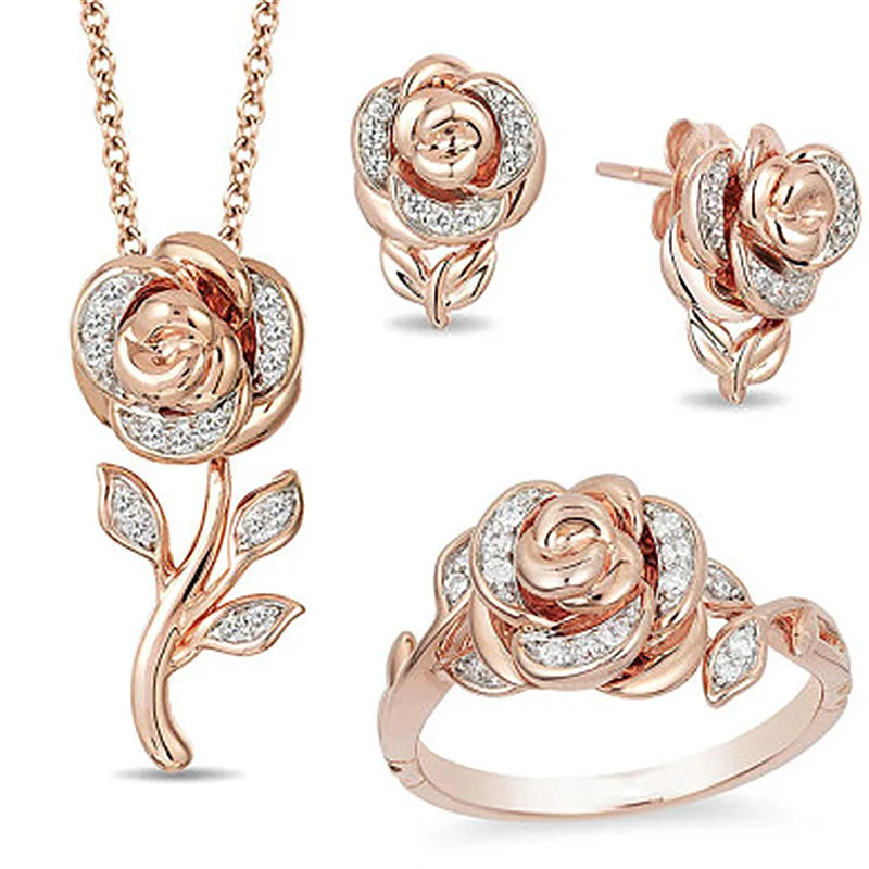 

Vntine's Day Rose Flower Set Pendant Ring Earrings Wi Bestseller Blooming Flower Nelace Faionable Jewelry Accory