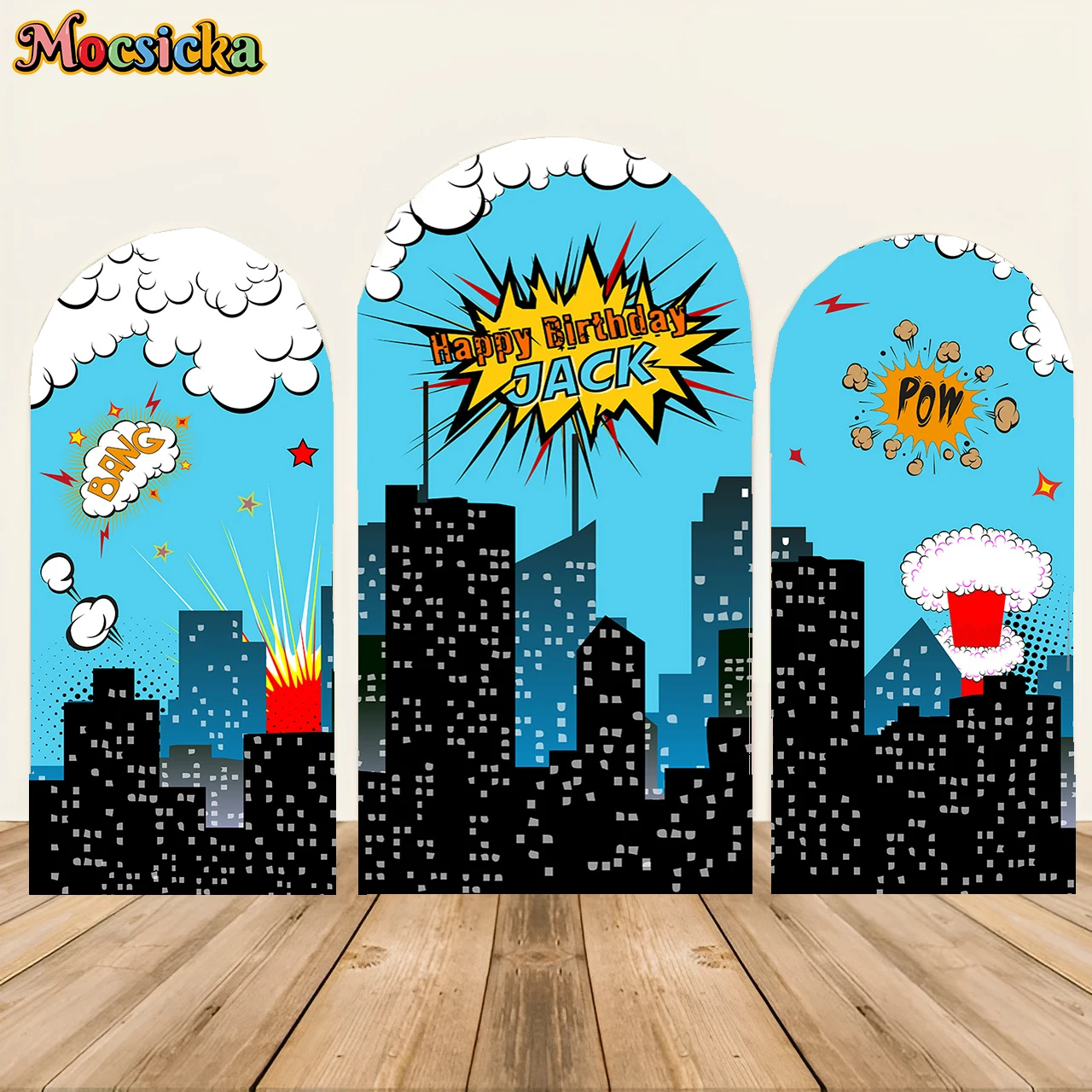 

Mochicka double sided stitched arch background baby shower decoration cake smash city heroes photo background studio props