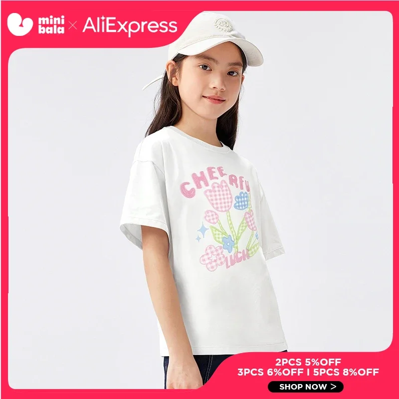 

Balabala Children T-shirt Girls Short-Sleeve T-shirt 2024 Summer New Collection Top Sweet Print for Big Kids
