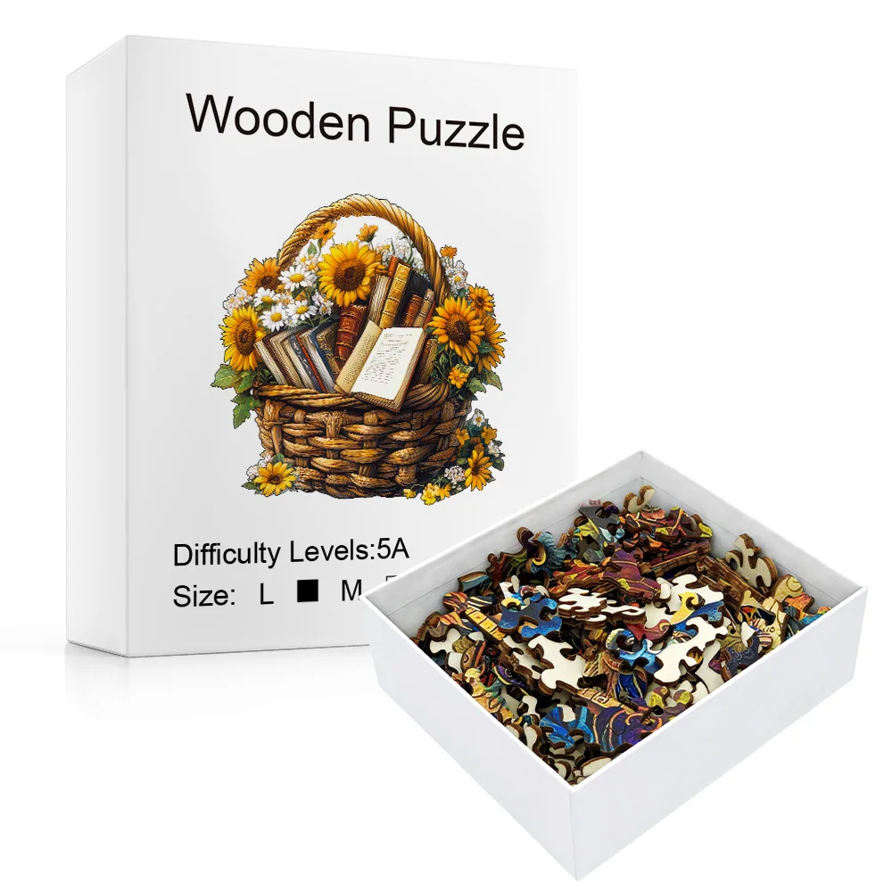 Rustic Sunflower Book Basket Wooden Jigsaw, Retro Literary Art Puzzle For Home Decor & Gift With Special Shaped Pieces