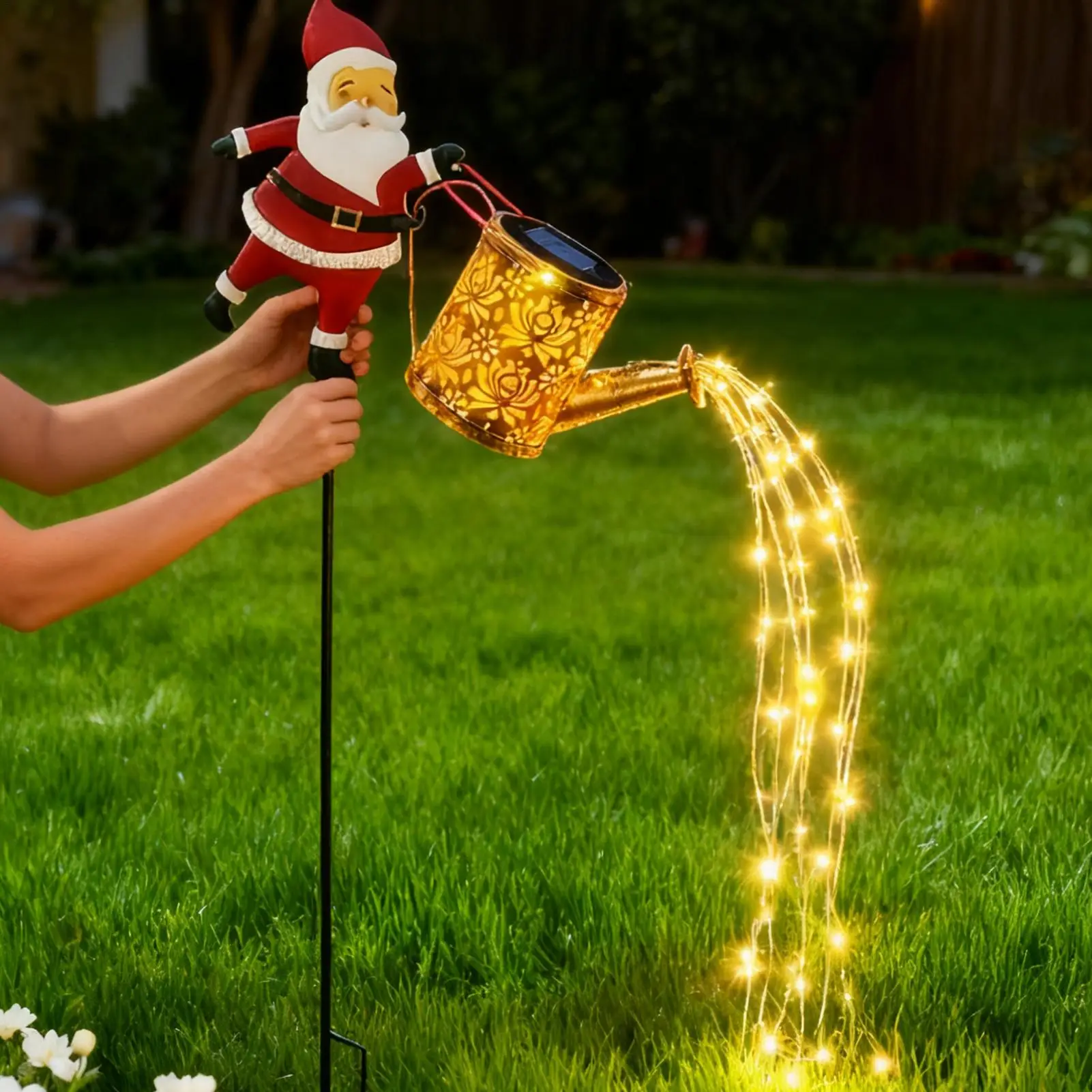 Solar Garden Lights Santa Claus Watering Can Design Outdoor Waterproof Pathway Lights for Yard Patio Christmas Decorations