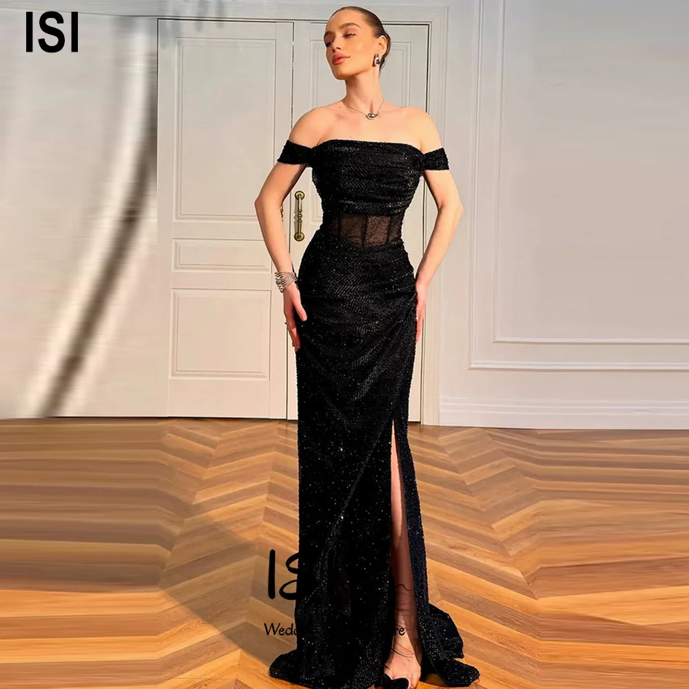 ISI CustomizedOff Shoulder Prom Dress with Glitter Fabric Sheer Corset Detail High-Slit Maxi Skirt Formal Evening Party Gown ﻿