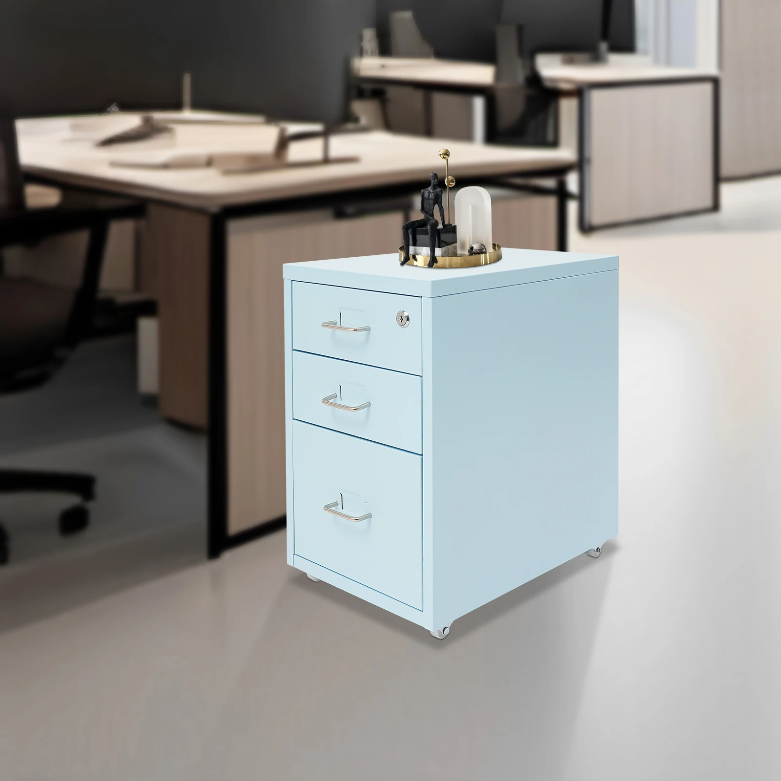 

3-Drawer Metal File Cabinet with Lock & Wheels, Blue - Modern Office Storage, Secure Filing Cabinet, Compact Size 28x41x48cm