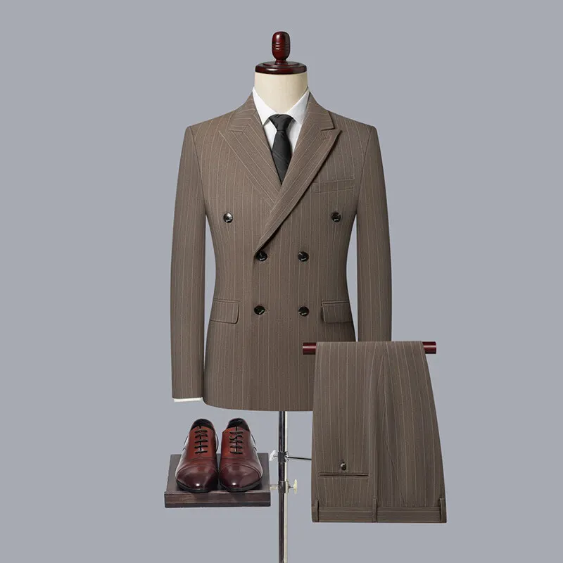 2025 Korean High Quality Double-Breasted British Style Slim Business Suit Two-Piece Set (Suit + Trousers)