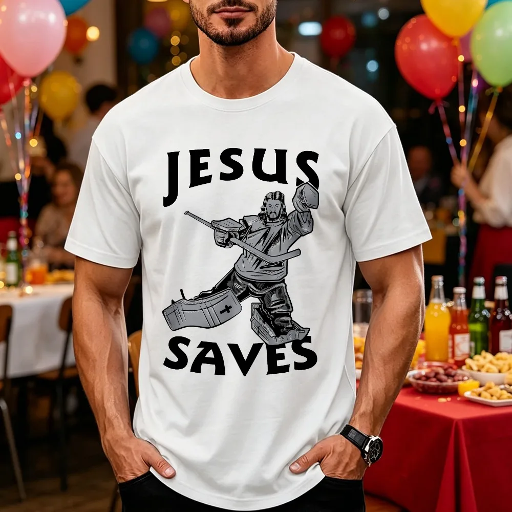 Jesus Saves Hockey Goalie Vintage Graphic Men's Classic Short Sleeve T-Shirt Ice Hockey Player Christian Faith Religious Tee