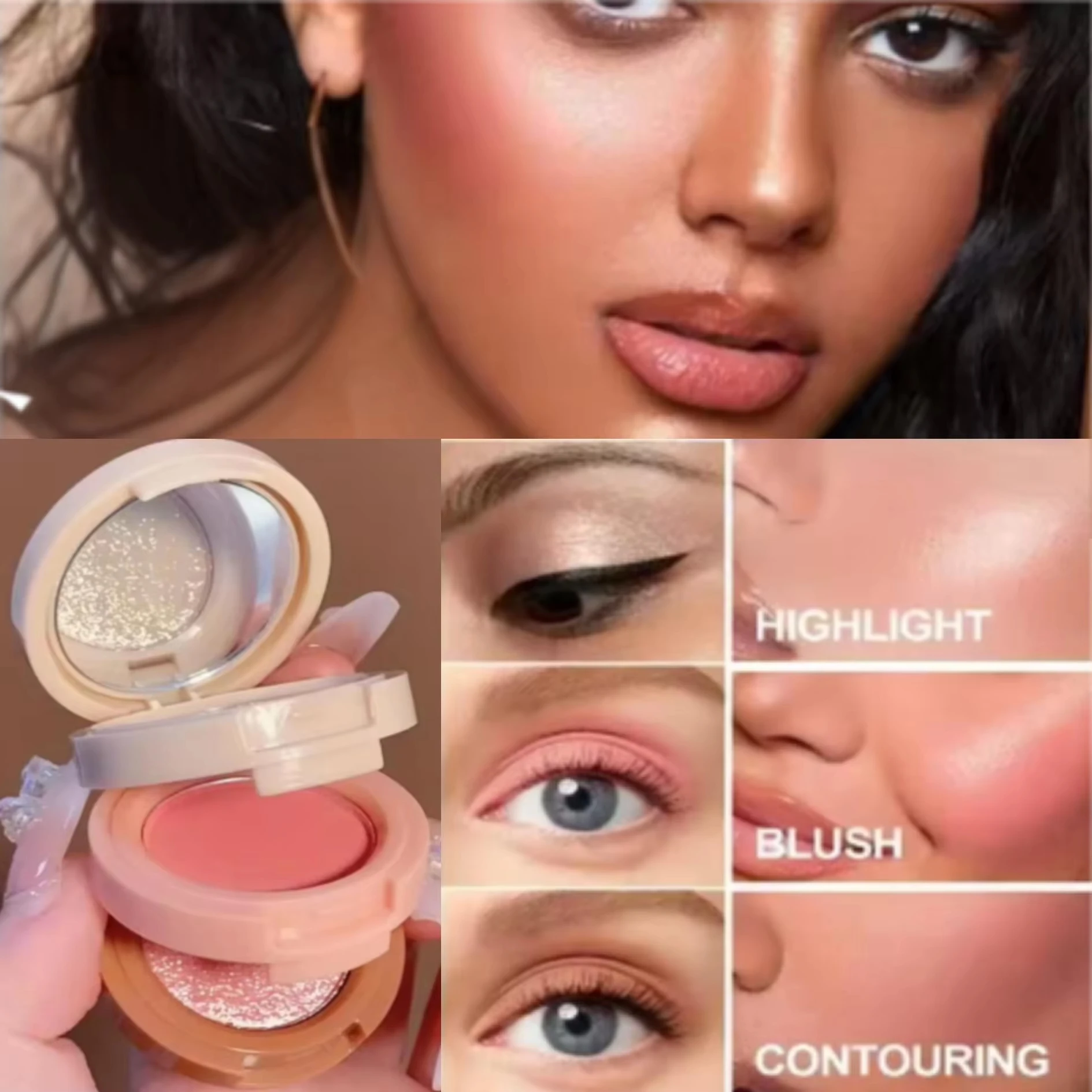 لوحة هايلايتر أحمر الخدود 3 في 1، لوحة بودرة الكل في واحد مكونة من ثلاث طبقات، ظلال عيون لامعة وأحمر خدود لؤلؤي