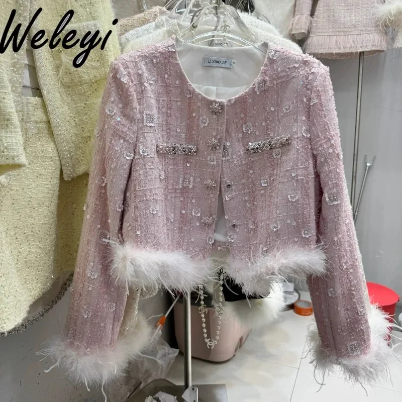 

Autumn Sequins Short Fluffy Stitching Pink Coat Office Ladies 2024 Winter New High-end Long Sleeve Jacket Women Jaqueta Feminina