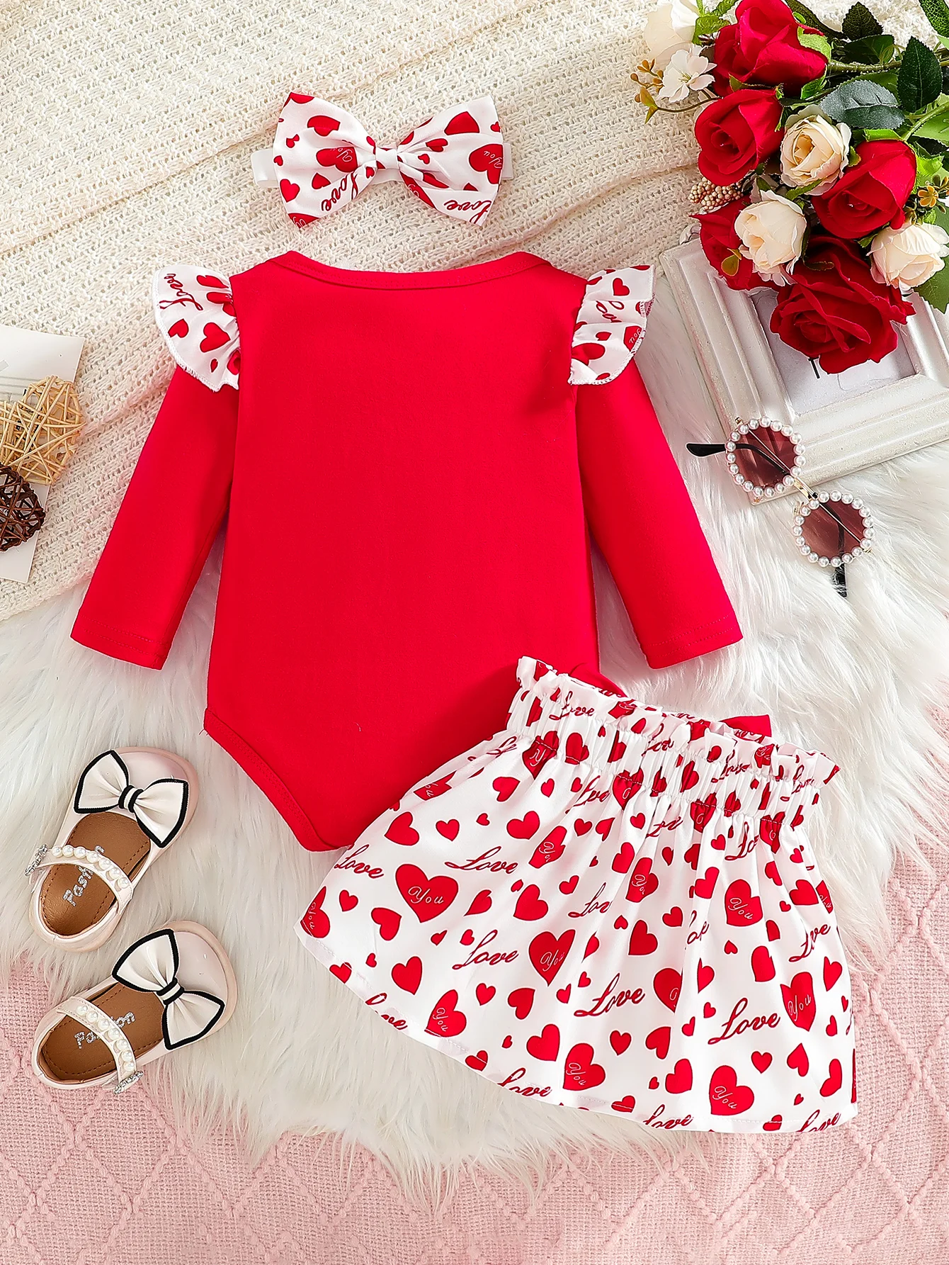 Baby Girls My First Valentine's Day 3-Piece Outfit Set, Red Long Sleeve Ruffle Shoulder Bodysuit, Heart Print Skirt & Matching B