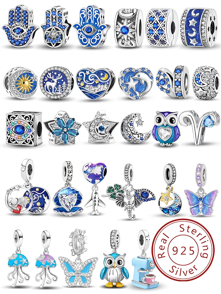 

925 Sterling Silver Hand Butterfly Elephant Blue Series Charms Beads Fit Original Pan Bracelet Bangle High Quality DIY Jewelry