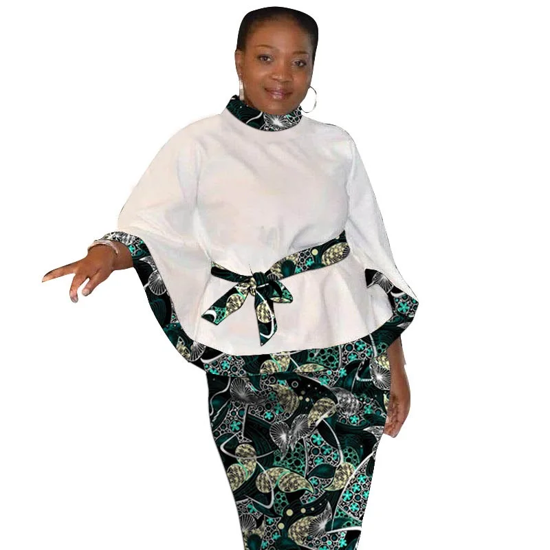 Trajes de Ankara con estampado africano para mujer, Tops y faldas de retazos de cuello alto, trajes de novio femeninos, camisa Dashiki con cinturón