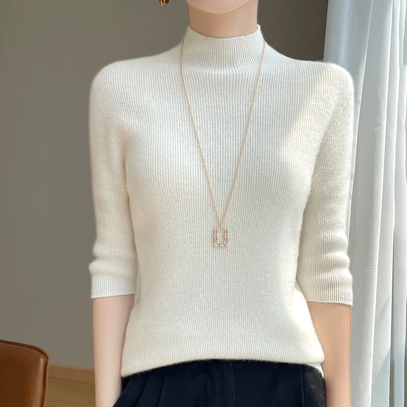 

Casual Women Sweater 2025 Harl Sleeve Solid Slim Fit Solid White Pullovers Mock Neck Bottoming Shirts Fashion Korean Pullovers
