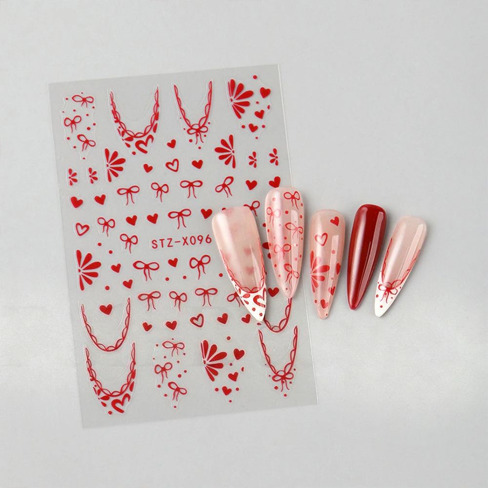 1 szt. Naklejki na paznokcie 3D z czerwonymi kokardkami i serduszkiem, urocze francuskie kokardki, naklejki na paznokcie na Walentynki, samoprzylepne ozdoby na paznokcie z serduszkiem, akcesoria do paznokci 6*9cm