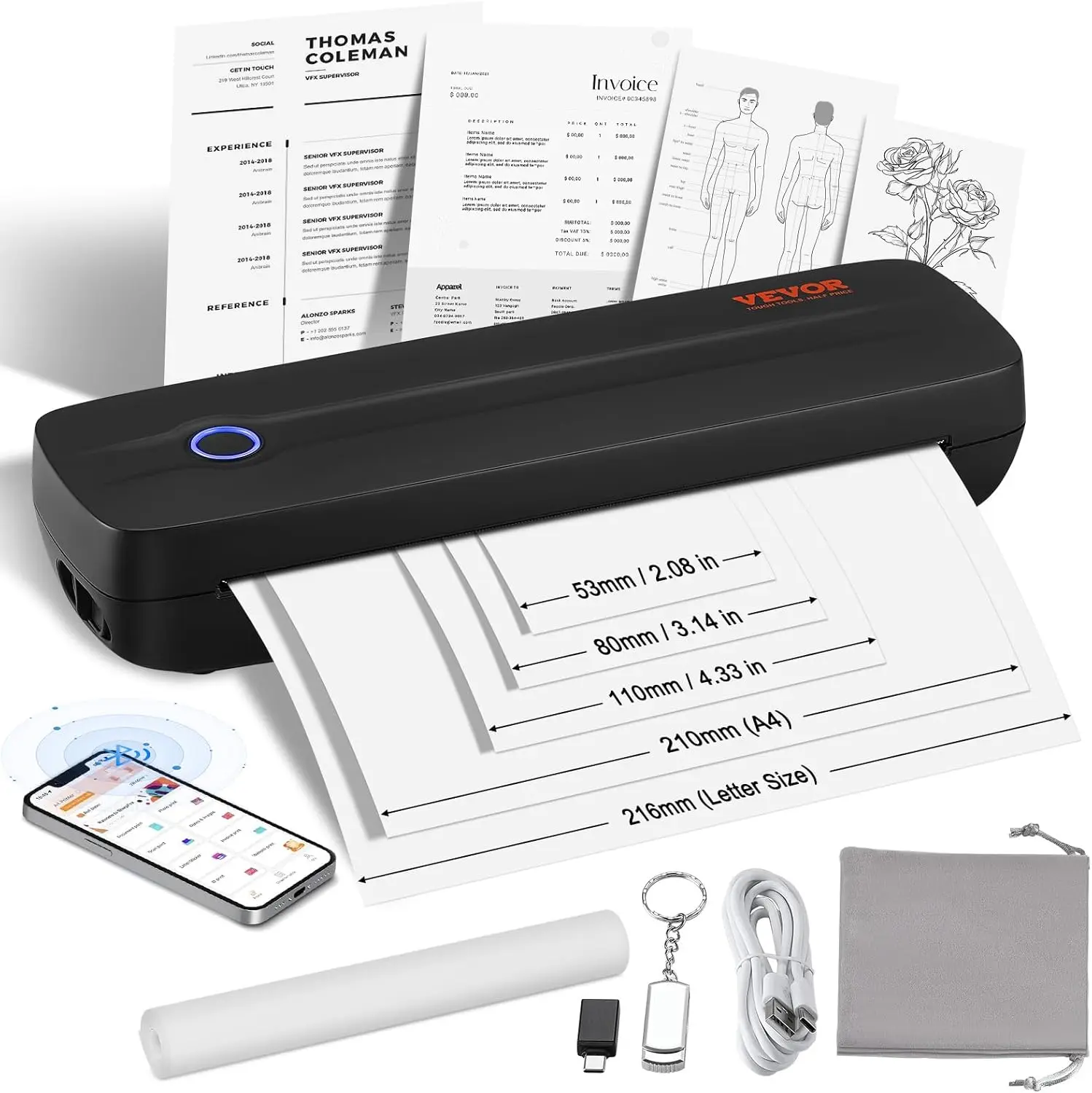 Portable Printer - 2600mAh Battery, 203 DPI, Bluetooth Inkless Mobile Printer for A4, A5 & 8.5