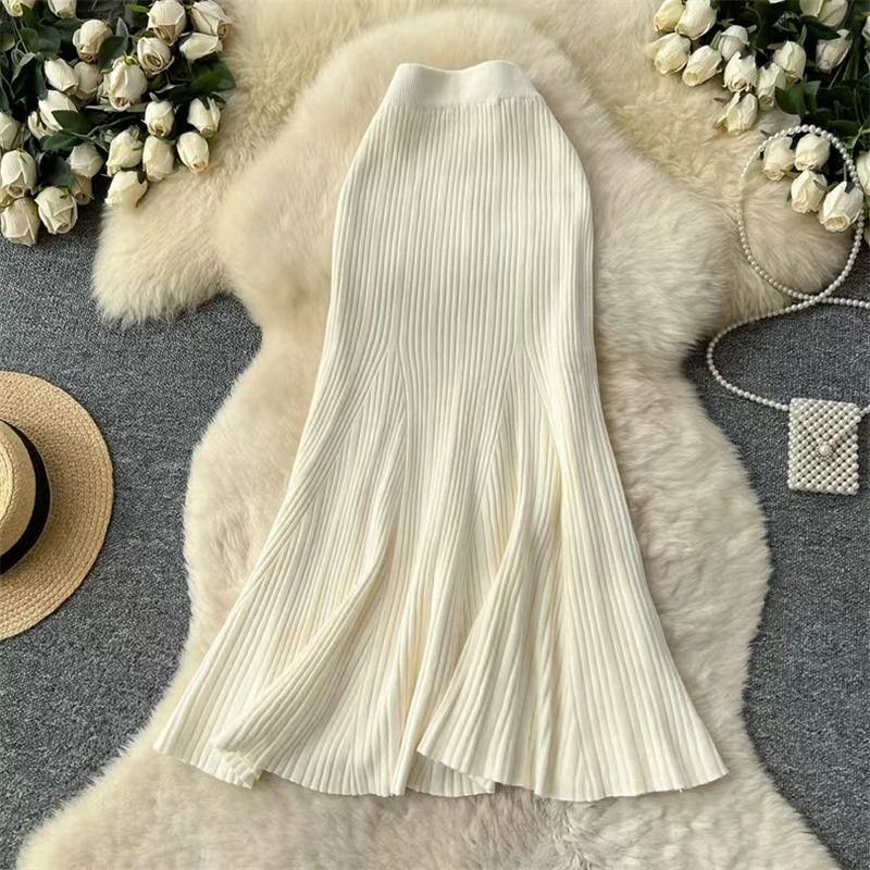 Karofi Women High Waist Ribbed Knit Midi Skirt Solid Color Flared Swing Long Skirt Elegant Casual Knitted A Line Skirts SK687