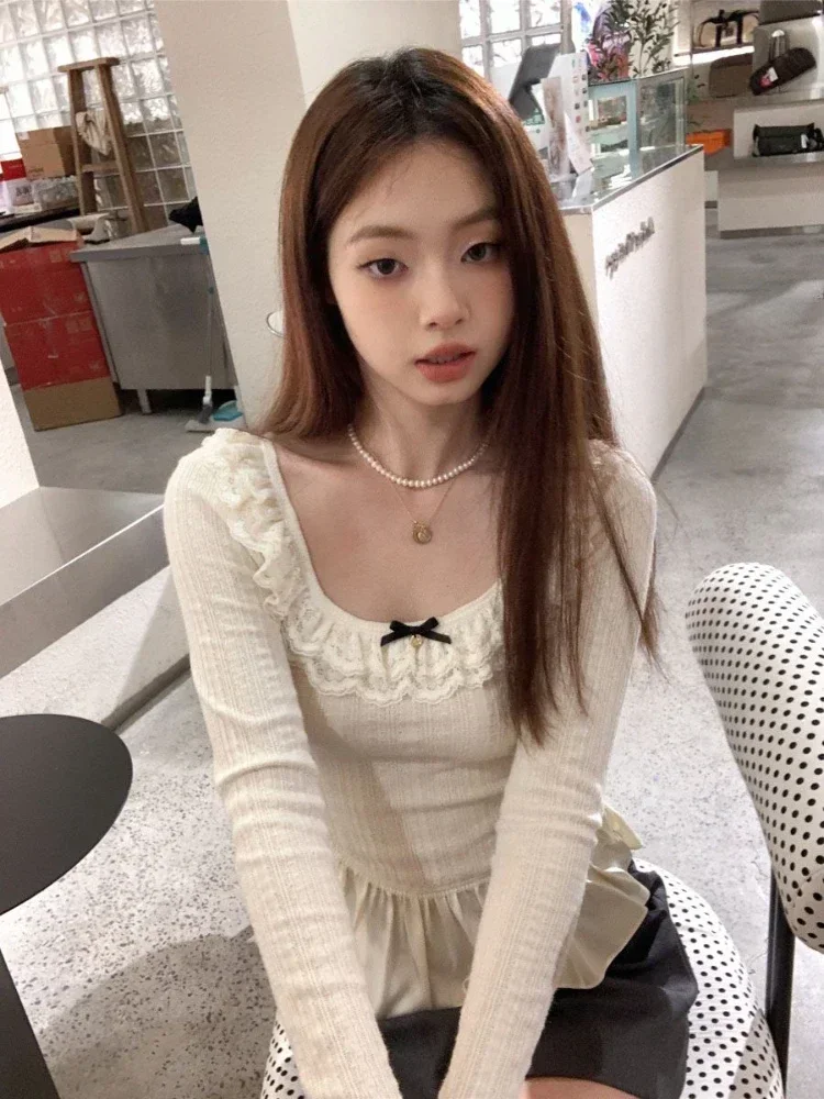 Deeptown Coquette Korean Style White T-shirts Women Fairycore Cute Ruffles Long Sleeve Tees Y2k Sweet Slim Corset Tops Autumn