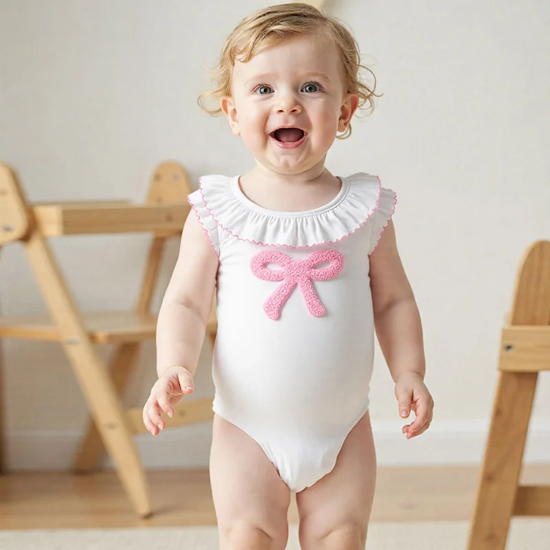 0-18M Cute Baby Girls Rompers Bow Embroidery Ruffles Round Neck Fly Sleeve Infant Bodysuits Jumpsuits