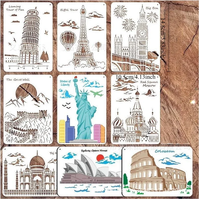 

Набор из 9 многоразовых трафаретов для рисования на стенах: архитектурные, ажурные, для ручной росписи, спрей-граффити