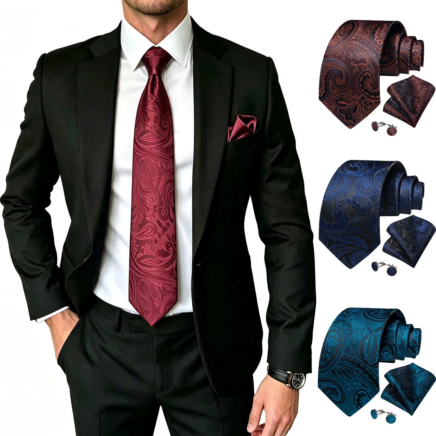 Classic Paisley Men Tie Set 3 Piece Necktie Pocket Square Cufflinks Set For Wedding Business Formal Party