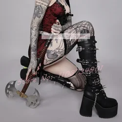 Rivets Black Punk Platform Block Heels Boots Women Metal Chain Belt Buckle Knee Length Boots Lady Round Toe Fashion Modern Boots