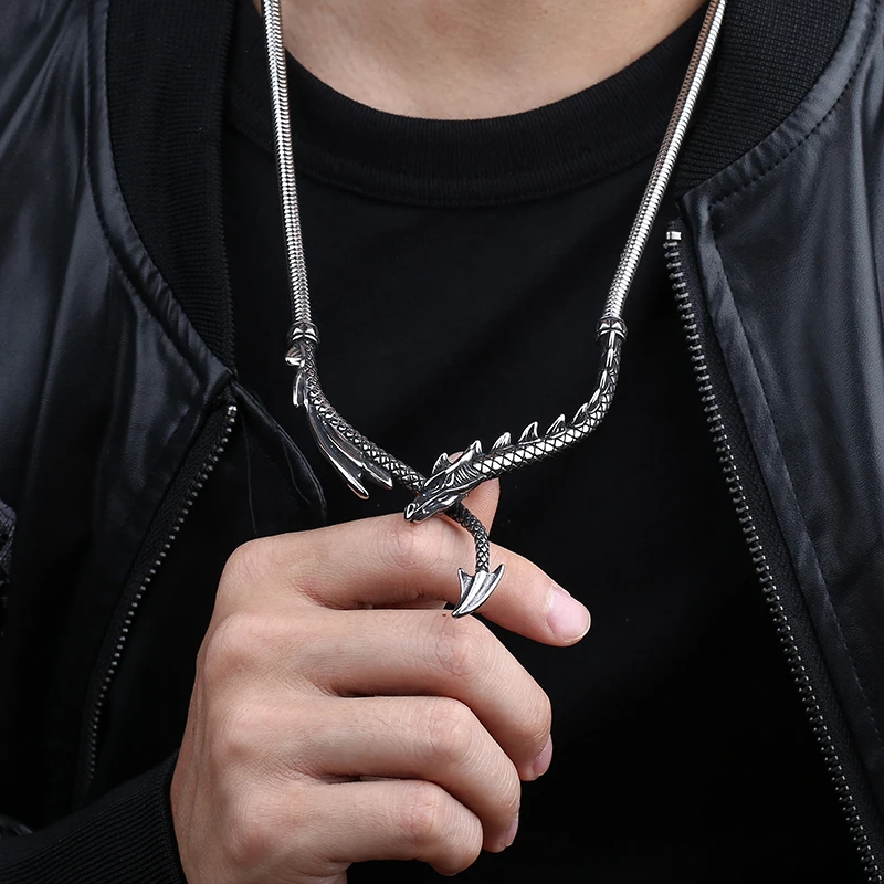 Good Detail Fashion 2024 New Stainless Steel 3D Dragon Necklace For Man Punk Rock Choker Boyfriend&Party Gift Animal Jewelry