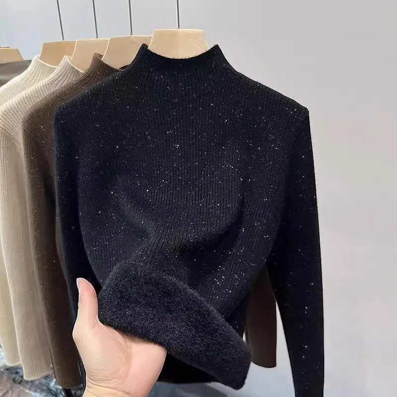 Fleece-Lined Half-Turtleneck Sweater For Women, High-End Feel, Shiny Silk, Warm Thickened, Base Layer, New Autumn And Winter