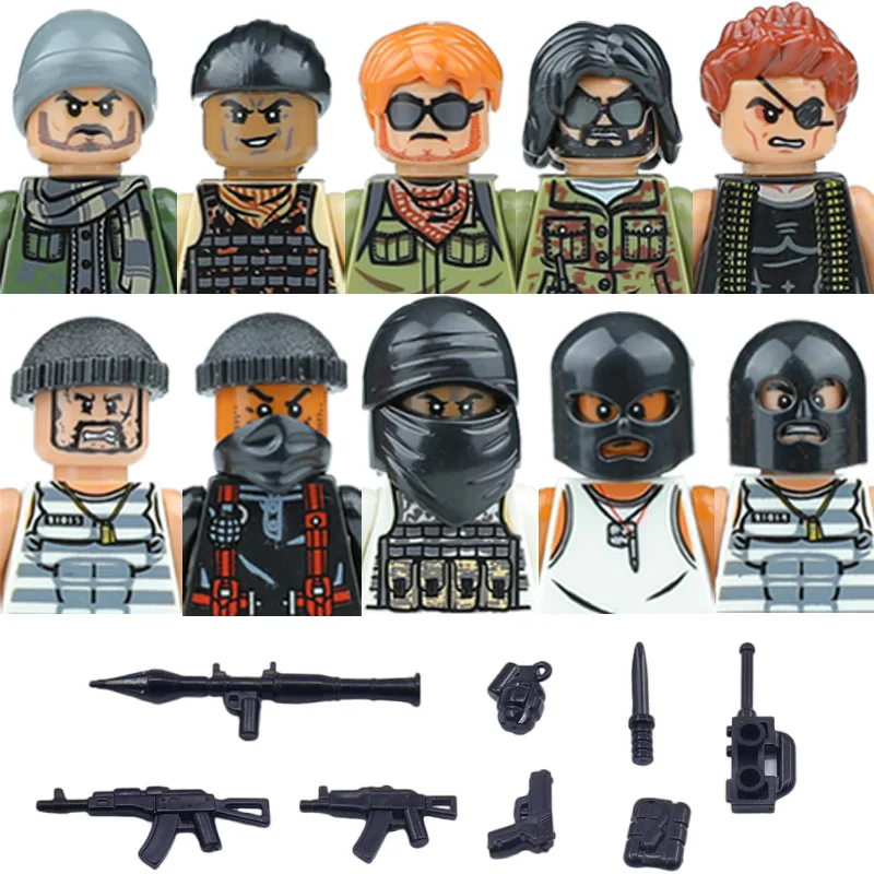 

City Accessories MOC Villain Gangster Figures Building Block Modern Soldier Mask Helmet Guns Bazooka Military Weapon Bricks Toys