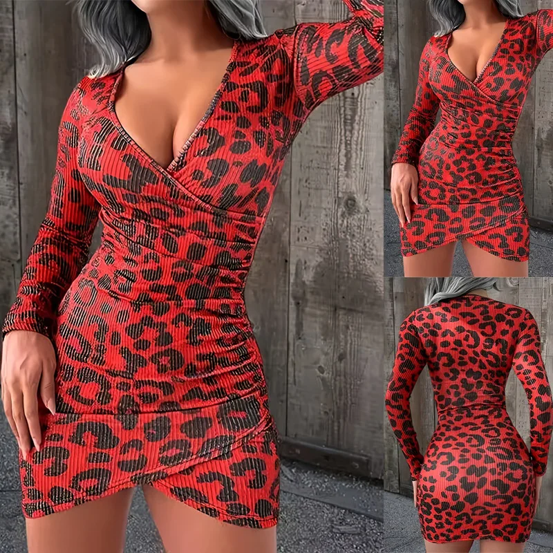 

2024 Spring And Autumn New Women's Hip-hugging Skirt V-neck Tight Sexy Mini Printed Long-sleeved Irregular Hem Dress