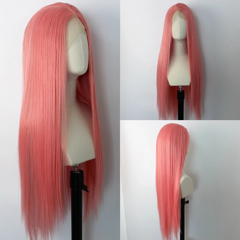 

Розово-розовый прямой синтетический парик шнурка Бесклеевые парики для женщин Натуральная линия волос Повседневная одежда Длинный розовый парик Косплей Часть фронта волос