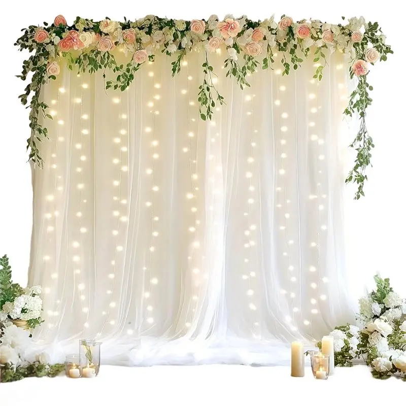 

【ЭЛЕКТРОННЫЕ АКСЕССУАРЫ】Белая тюлевая занавеска-фон 10x10 футов с гирляндой из огоньков, 2 панели, прозрачные занавески-драпировки для свадьбы