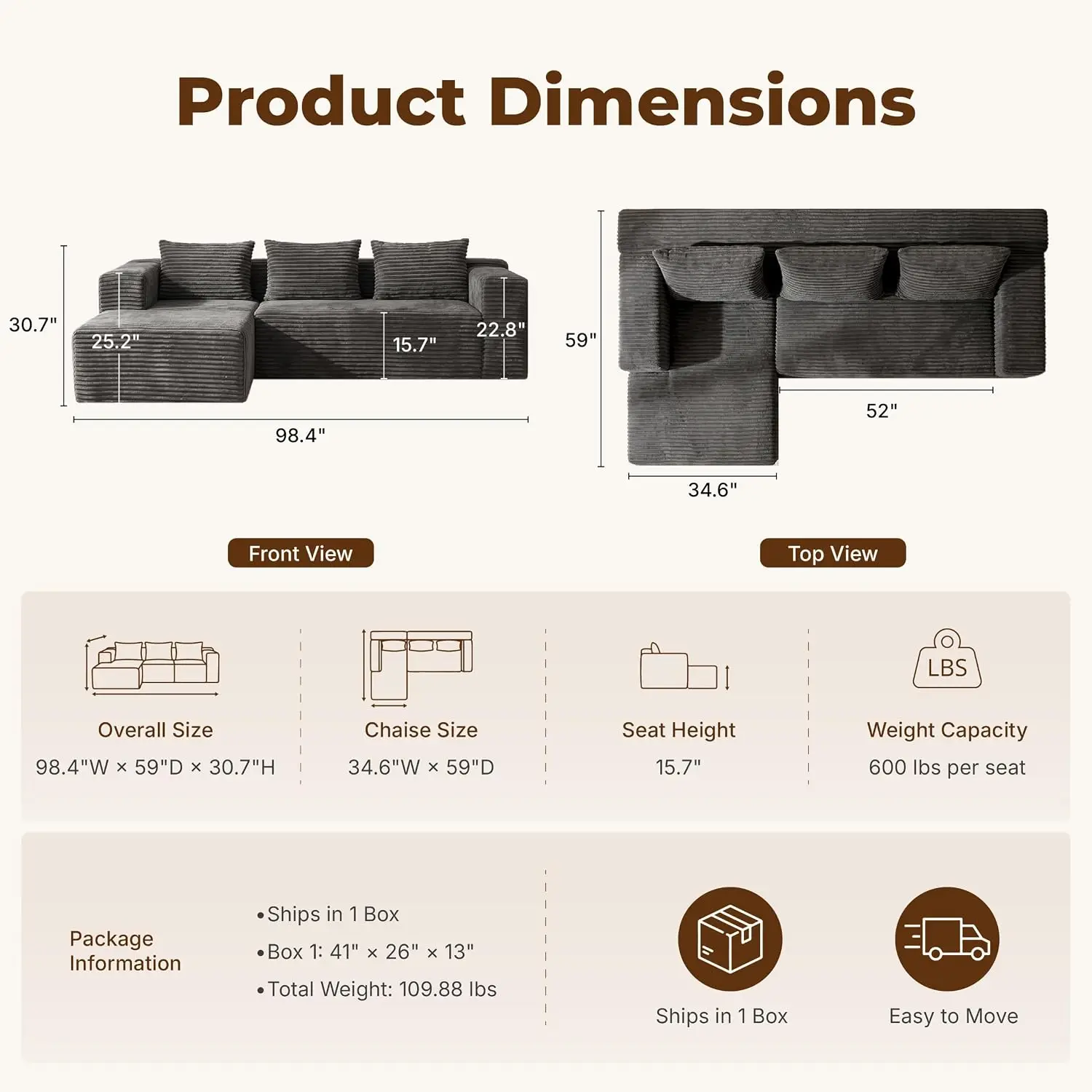 Modular Boneless L-Shaped Sofa Living Room Side Pockets, Customized