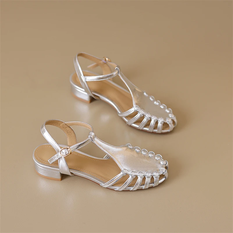 Meotina Women Genuine Leather Gladiator Sandals Round Toe Thick Low Heels Buckle T-Tied Ladies Fashion Shoes Summer Silver 40