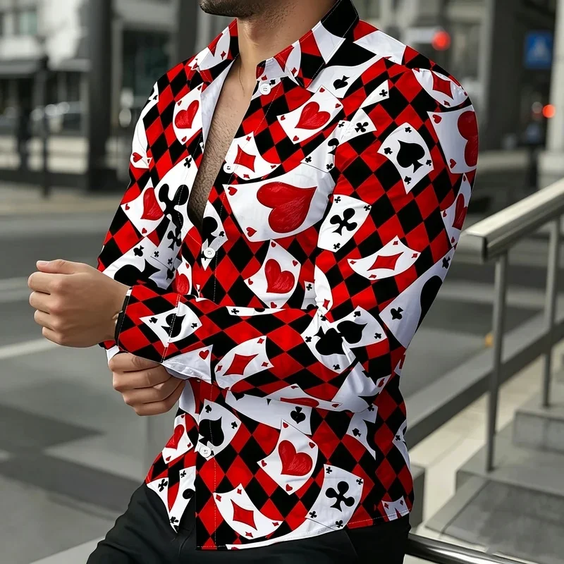 Men's Red and Black Diamond Pattern Playing Card Long-Sleeve Shirt, Card Print Party Collared Shirt